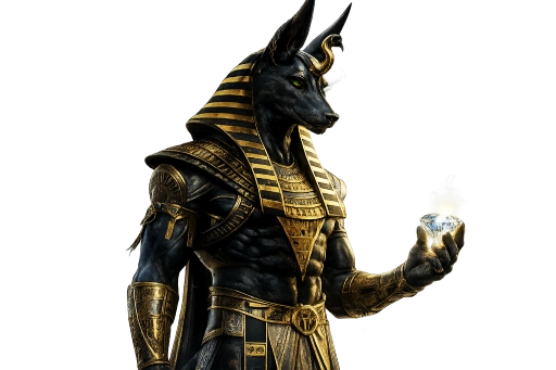 Ancient Egyptian god Anubis in gold armor holding a glowing diamond on a black background.