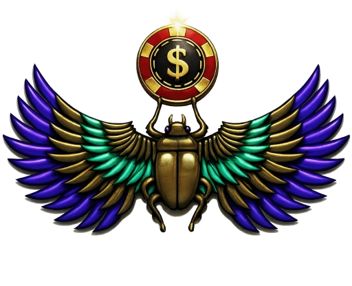 Egyptian scarab beetle with colorful wings holding a golden casino poker chip with a dollar sign.