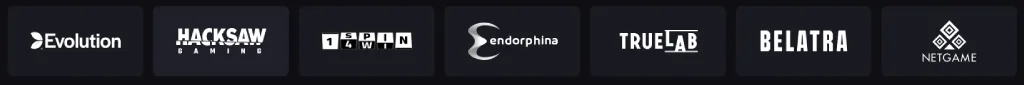 A collection of top casino game provider logos including Evolution, Hacksaw Gaming, 1spin4win, Endorphina, TrueLab, Belatra, and NetGame on a dark background.